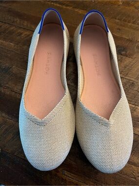 Rothy's Pointed Knit Ballet Flats in Beige with Blue Trim